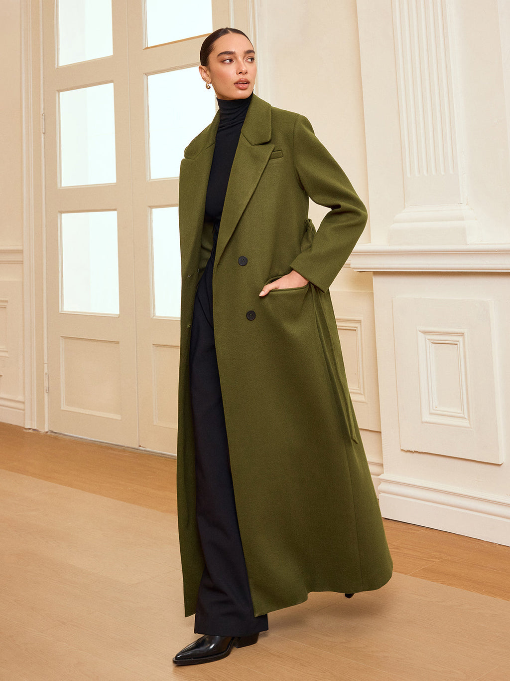 Double-Breasted Belted Long Coat for Women Winter Elegance