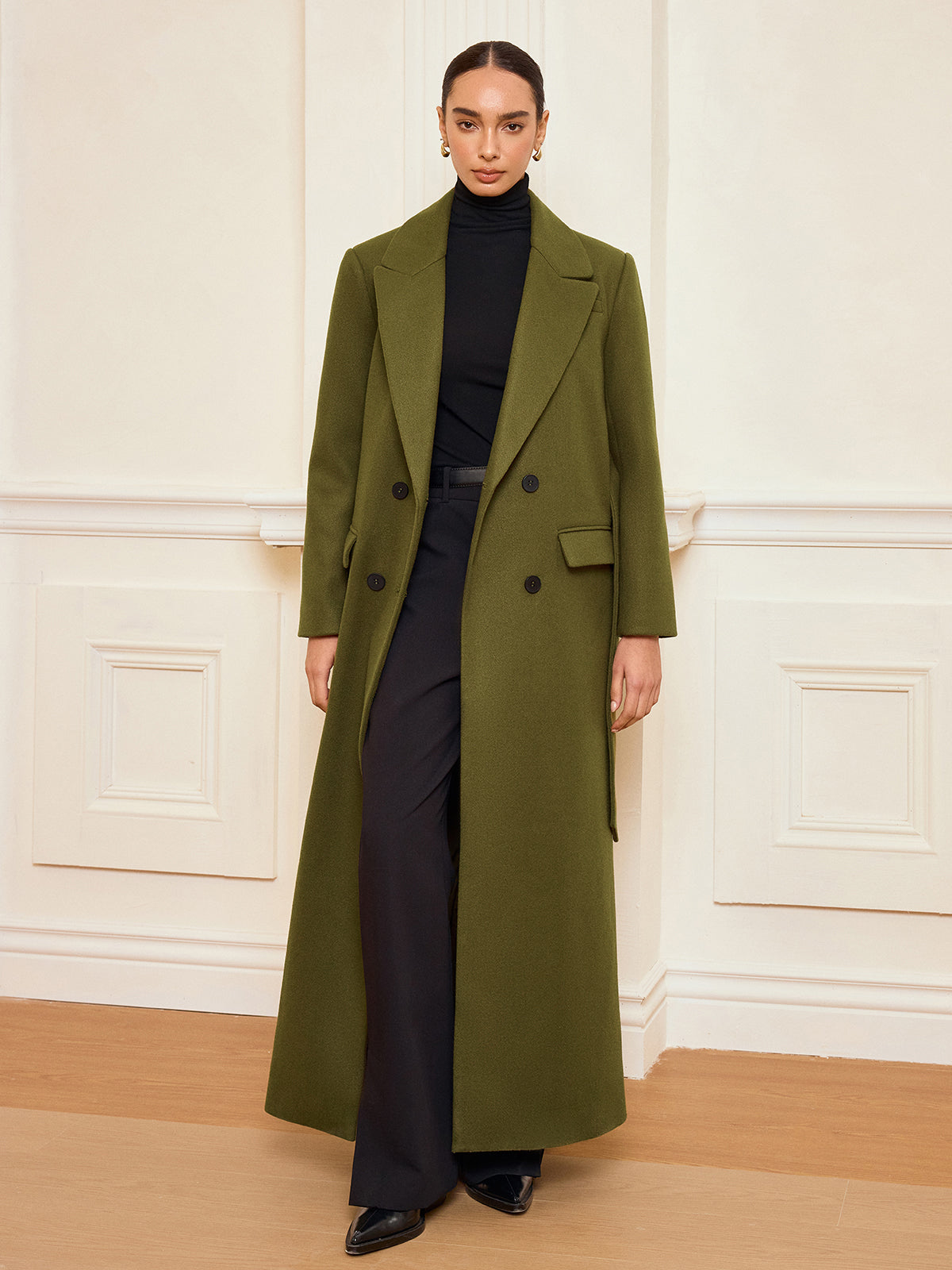 Double-Breasted Belted Long Coat for Women Winter Elegance