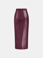 Ruched Slit PU Leather Midi Skirt High Waist Fashionable Style