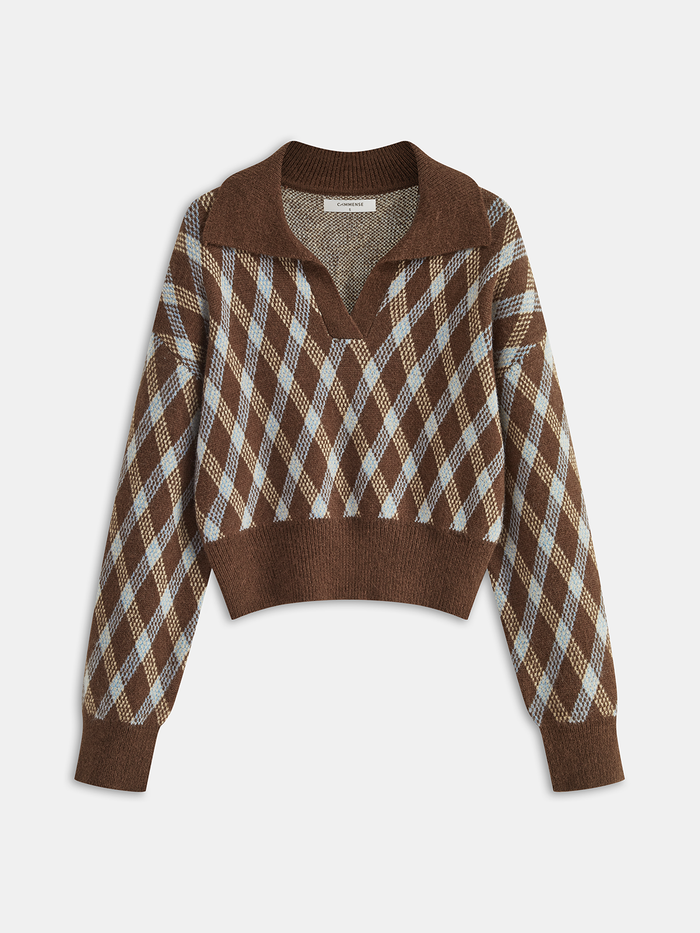 Men's Stylish Argyle Patterned Collared Knit Sweater Perfect for Layering