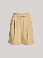 Pocket Mid-Waist Pleated Cuffed Shorts, Elastic Versatile Summer Casual Wear