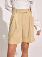 Pocket Mid-Waist Pleated Cuffed Shorts, Elastic Versatile Summer Casual Wear