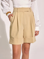 Pocket Mid-Waist Pleated Cuffed Shorts, Elastic Versatile Summer Casual Wear