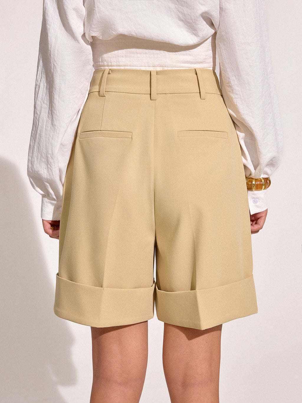 Pocket Mid-Waist Pleated Cuffed Shorts, Elastic Versatile Summer Casual Wear