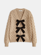 Bow Detail Textured Knit Cardigan with Decorative Buttons