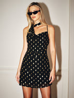 Foil Spot Print Tie Detail Mini Dress with Ruffled Sleeves and Back Zip Closure