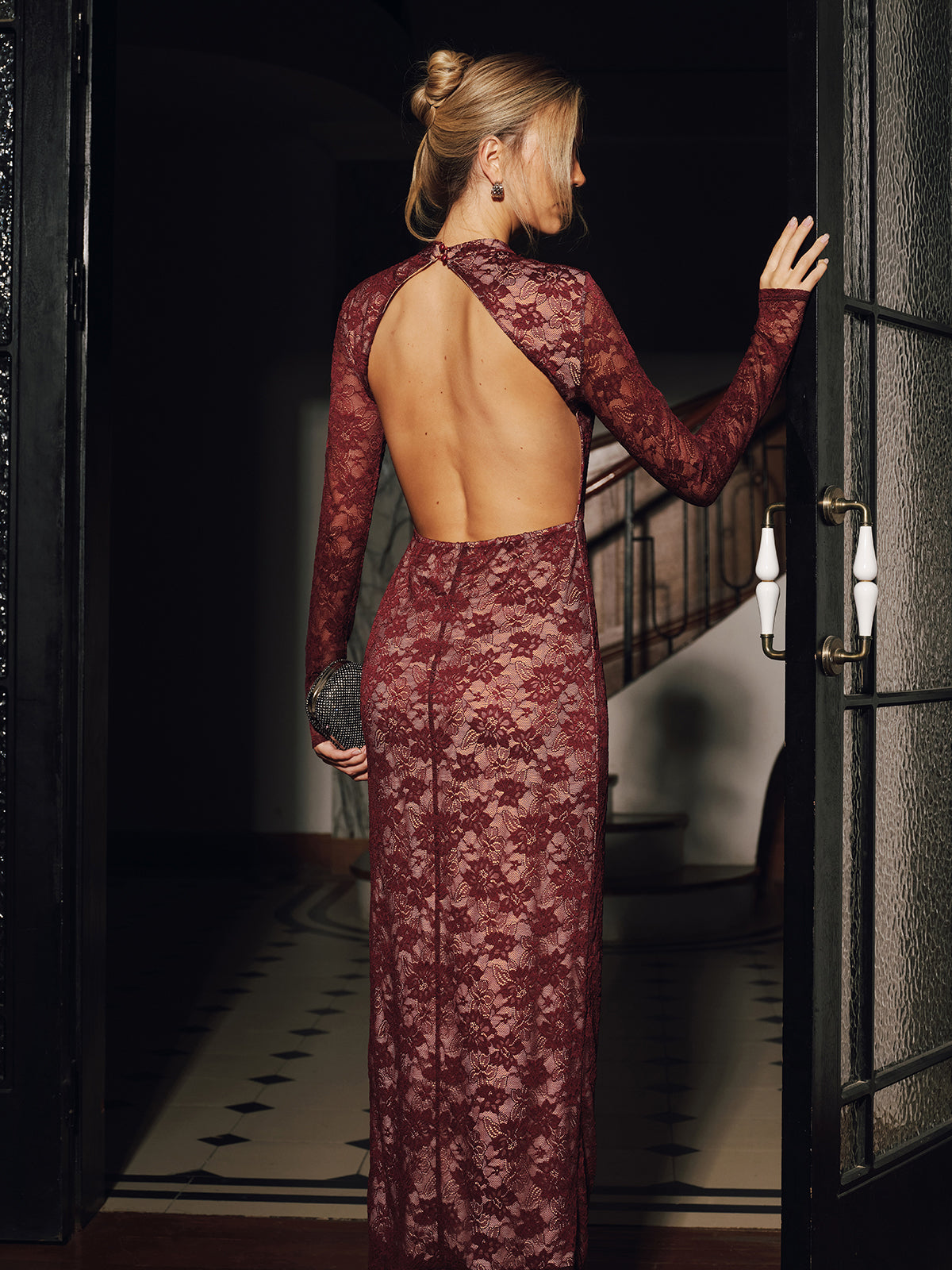 Lace Long Sleeve Fitted Backless Maxi Dress for Evening Events