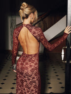 Lace Long Sleeve Fitted Backless Maxi Dress for Evening Events
