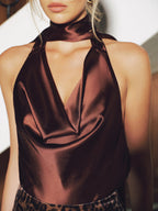 Satin Cowl Neck Halter Backless Top for Women Elegant Evening Wear