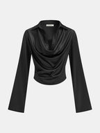Satin Cowl Neck Long Sleeve Shirt Elegant Blouse for Women