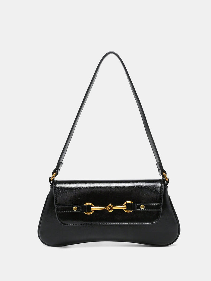 Horsebit PU Leather Shoulder Bag with Adjustable Strap