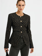Tweed Round Neck Waist-Cinching Blazer for Women in Classic Design