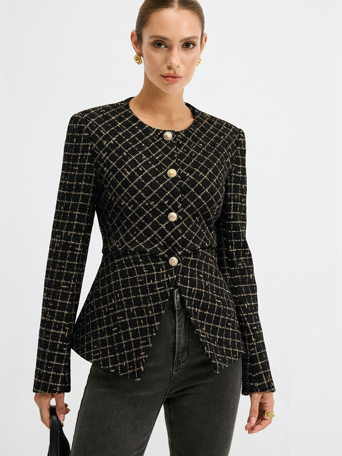 Tweed Round Neck Waist-Cinching Blazer for Women in Classic Design