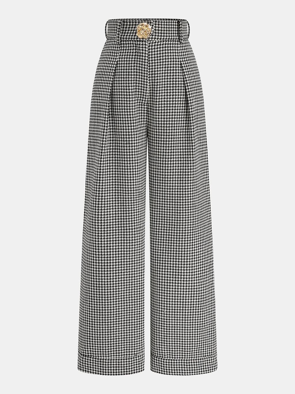 Houndstooth Pleated Buttoned Wide Leg Fashion Pants for Women