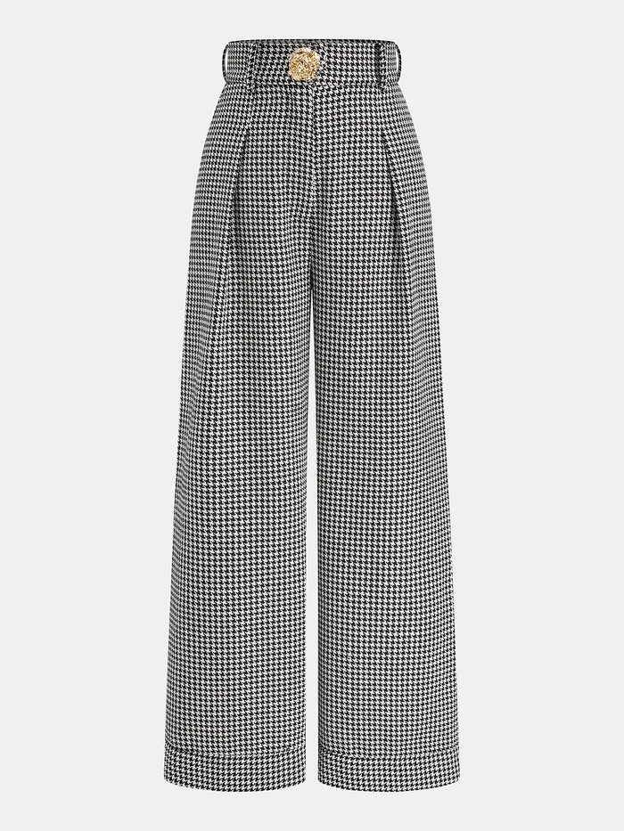 Houndstooth Pleated Buttoned Wide Leg Fashion Pants for Women