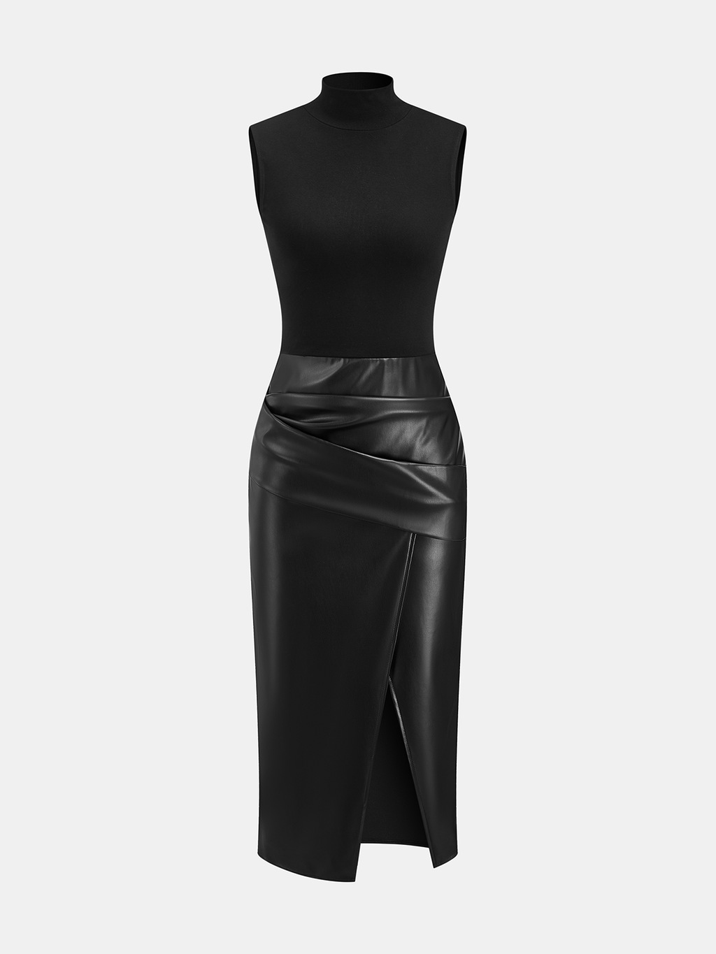 Faux Leather Panel Mock Neck Sleeveless Dress for Women, Elegant Party Outfit
