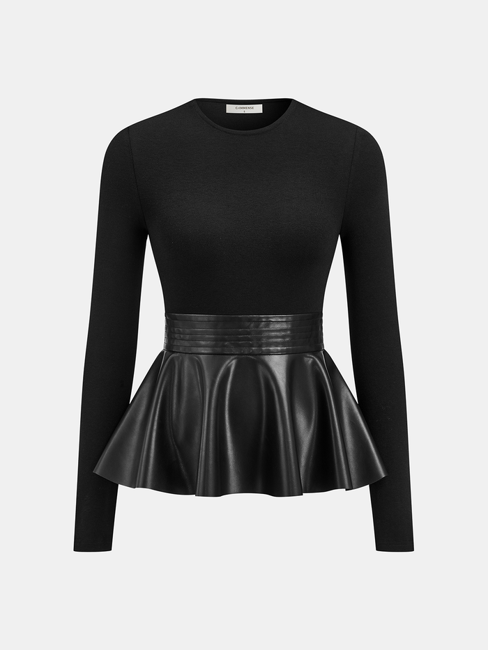 Faux Leather Peplum Long-Sleeve Top for Women Trendy Fashion