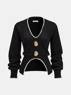 Buttoned Contrast Fringe Split Sweater with Stylish Modern Design