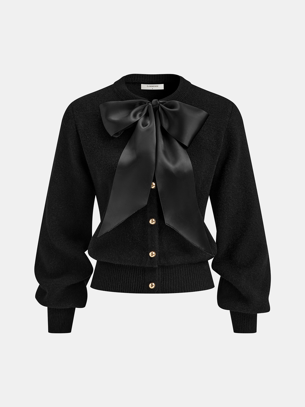 Bow Detail Metal Button Knit Cardigan with Front Pockets and Ribbed Trim