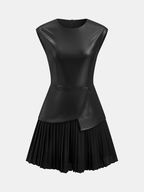 Pleated Panel Sleeveless PU Leather Dress for Women Classic Style