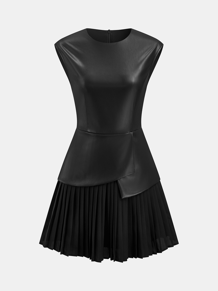Pleated Panel Sleeveless PU Leather Dress for Women Classic Style