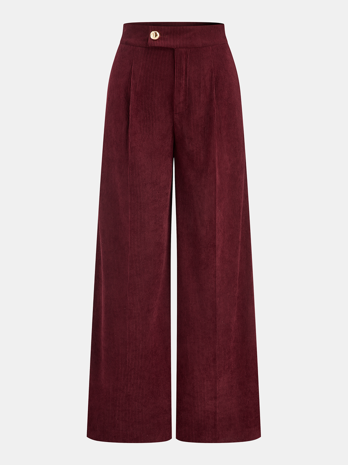 Pleated Cotton Corduroy Wide Leg Pants High Waist Casual Fit