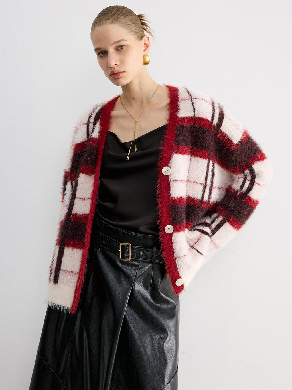 Knit Fluffy Checkered Cardigan for Women Cozy Fall Essential