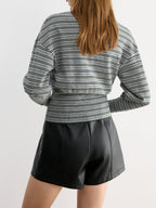 Waist Cinched Stripe Cardigan Lightweight Cotton Blend