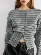Waist Cinched Stripe Cardigan Lightweight Cotton Blend