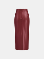 Ruched Slit PU Leather Midi Skirt High Waist Fashionable Style