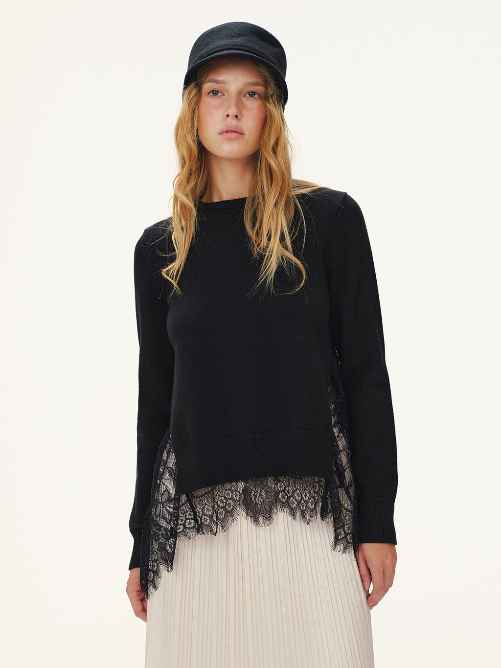 Lace Panel Knitted Sweater for Women Casual Fit