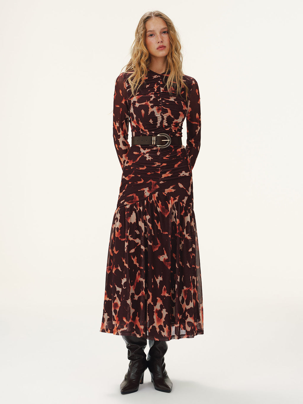 Leopard Print Ruched Mesh Maxi Dress Long Sleeve Trendy Women's Evening Wear Without Belt