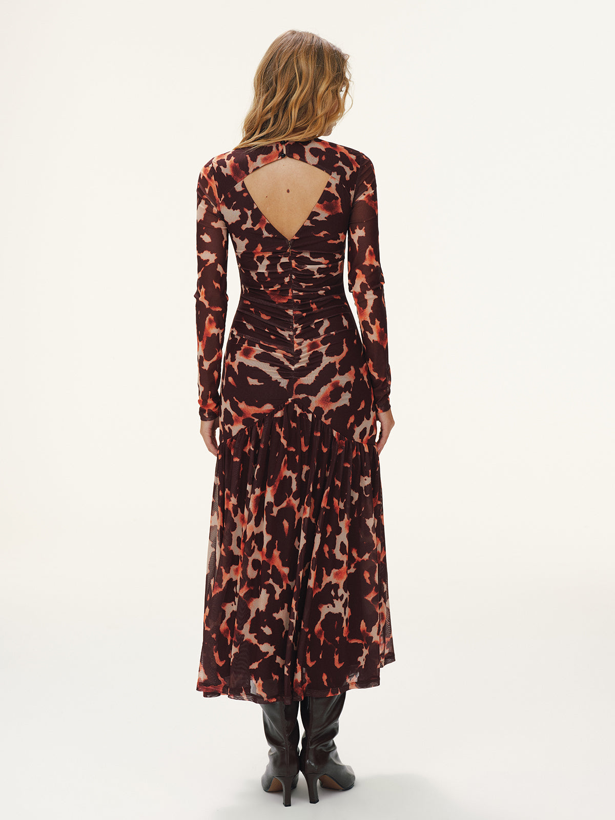 Leopard Print Ruched Mesh Maxi Dress Long Sleeve Trendy Women's Evening Wear Without Belt