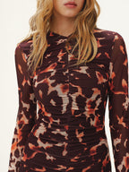 Leopard Print Ruched Mesh Maxi Dress Long Sleeve Trendy Women's Evening Wear Without Belt