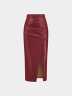 Ruched Slit PU Leather Midi Skirt High Waist Fashionable Style