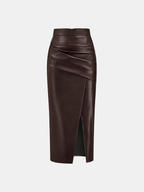 Ruched Slit PU Leather Midi Skirt High Waist Fashionable Style