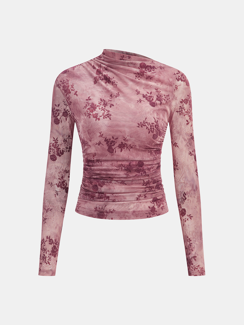 Rose Floral Mesh Ruched Top with Long Sleeves and V-neck