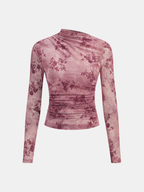 Rose Floral Mesh Ruched Top with Long Sleeves and V-neck