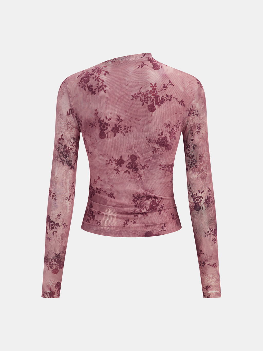 Rose Floral Mesh Ruched Top with Long Sleeves and V-neck