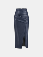Ruched Slit PU Leather Midi Skirt High Waist Fashionable Style