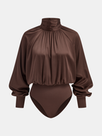 Satin Turtleneck Bodysuit for Women Long Sleeve Slim Fit