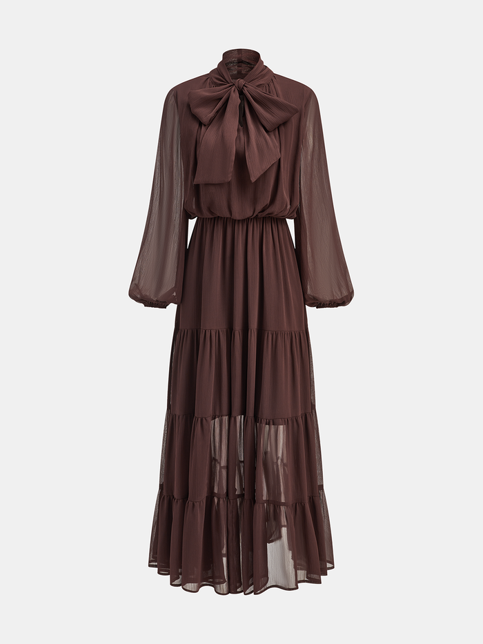 Chiffon Bow Long Sleeve Maxi Dress for Women Elegant Evening Party