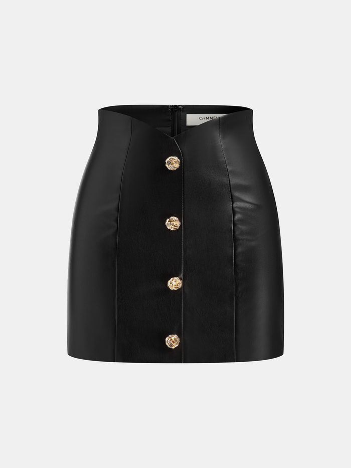 Metal Detail Faux Leather Mini Skirt with High Waist Design