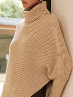 Metal Detail Turtleneck Poncho Sweater for Women - Cozy Winter Fashion