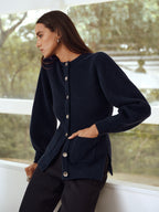 Button-Front Crew Neck Ribbed Knit Cardigan with Long Sleeves Essential
