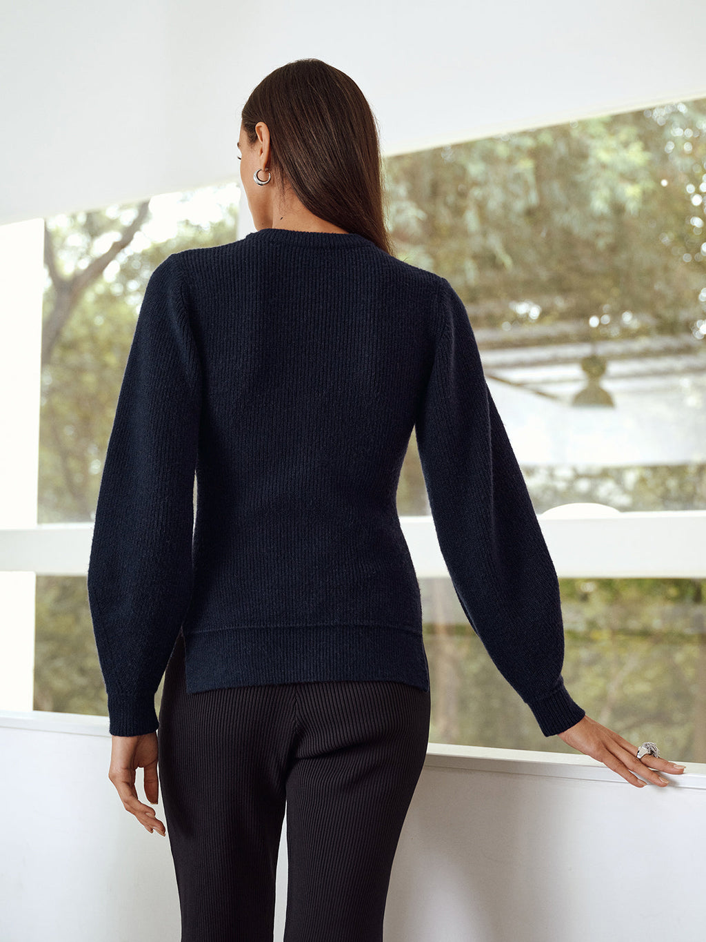 Button-Front Crew Neck Ribbed Knit Cardigan with Long Sleeves Essential