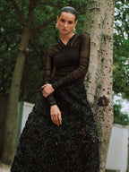 Sheer Mesh Paneled V-Neck Blouse for Women's Casual Wear