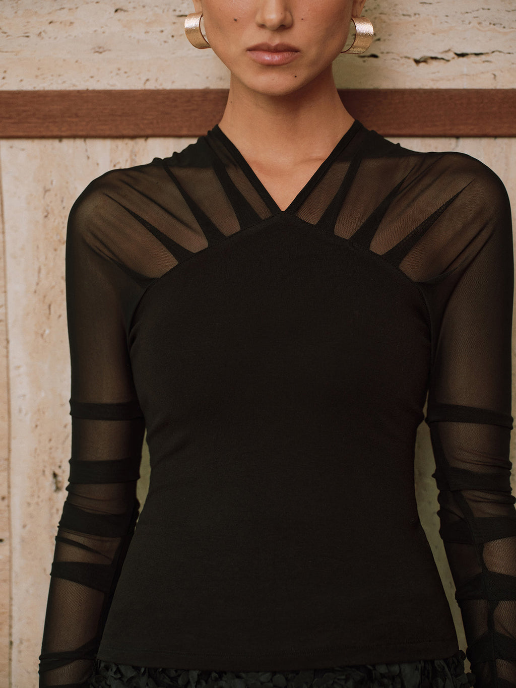 Sheer Mesh Paneled V-Neck Blouse for Women's Casual Wear