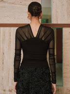 Sheer Mesh Paneled V-Neck Blouse for Women's Casual Wear
