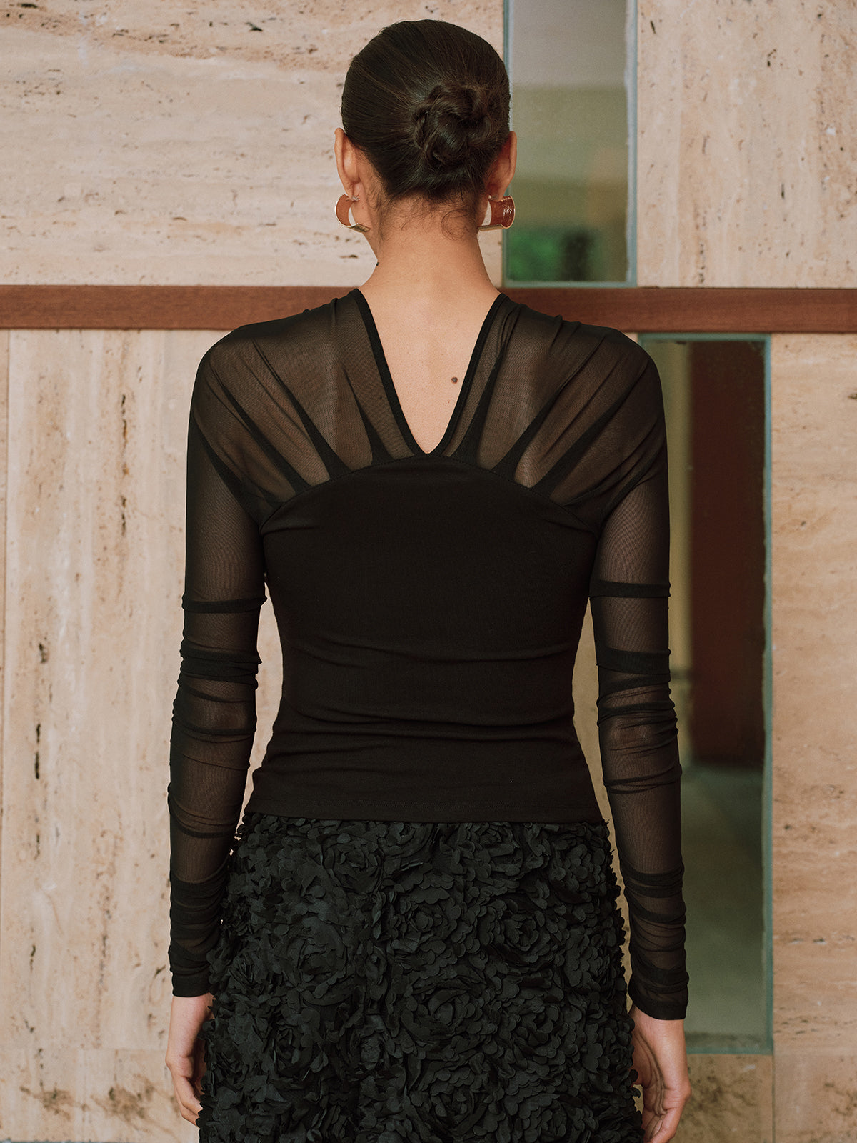 Sheer Mesh Paneled V-Neck Blouse for Women's Casual Wear